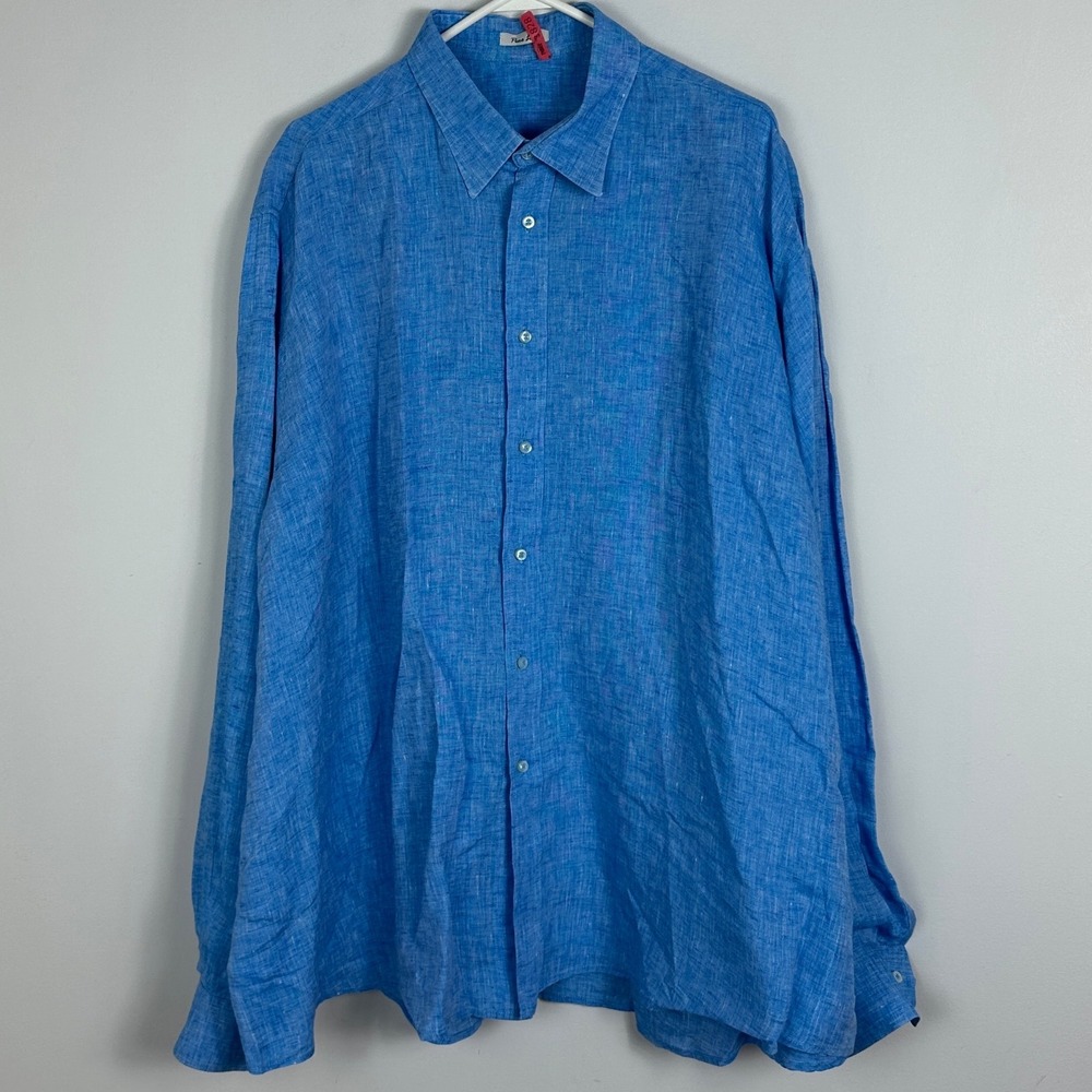 Puro Lino 100% Linen Blue‎ Button Down Long Sleeve Collared Shirt Mens Size 4XL